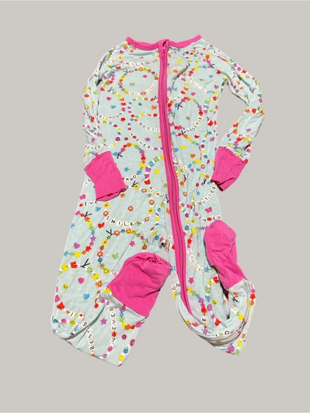 Little Sleepies Light Blue Heart & Flower Print Footie with Pink Trim